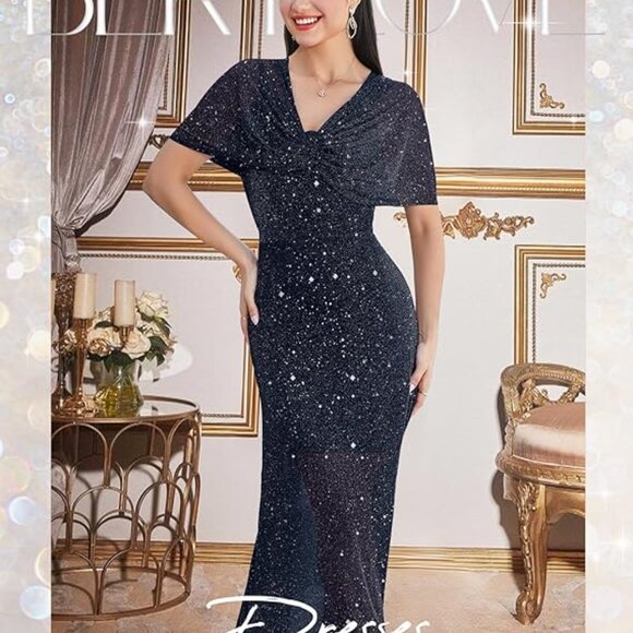 Cocktail Evening Gown Wedding Dresses with Shawl Navy - Picture 2 of 6